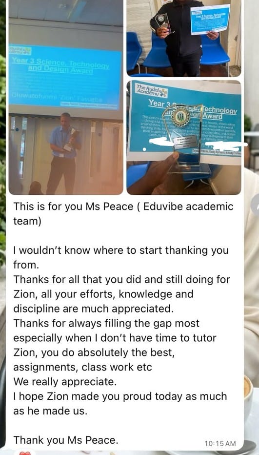 A parent's WhatsApp message thanking the EduVibe academic team after Zion received a Year 3 Science and Technology Design Award